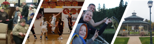 photo collage of christmas party at bank, local girls basketball game, family fishing, picnic bench in the park